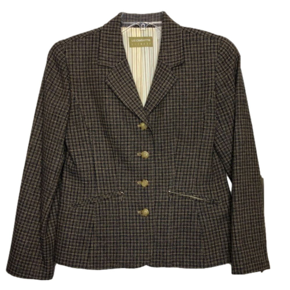 Liz Claiborne Wool & Silk Button Blazer, Tan/Navy, Zip Pockets, Size 6